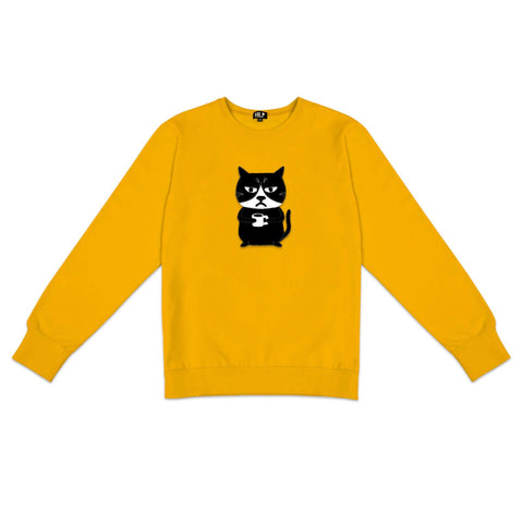 2. Men's yellow Grumpy Cat sweatshirt by HILP, showcasing humorous cat design, studio setting
