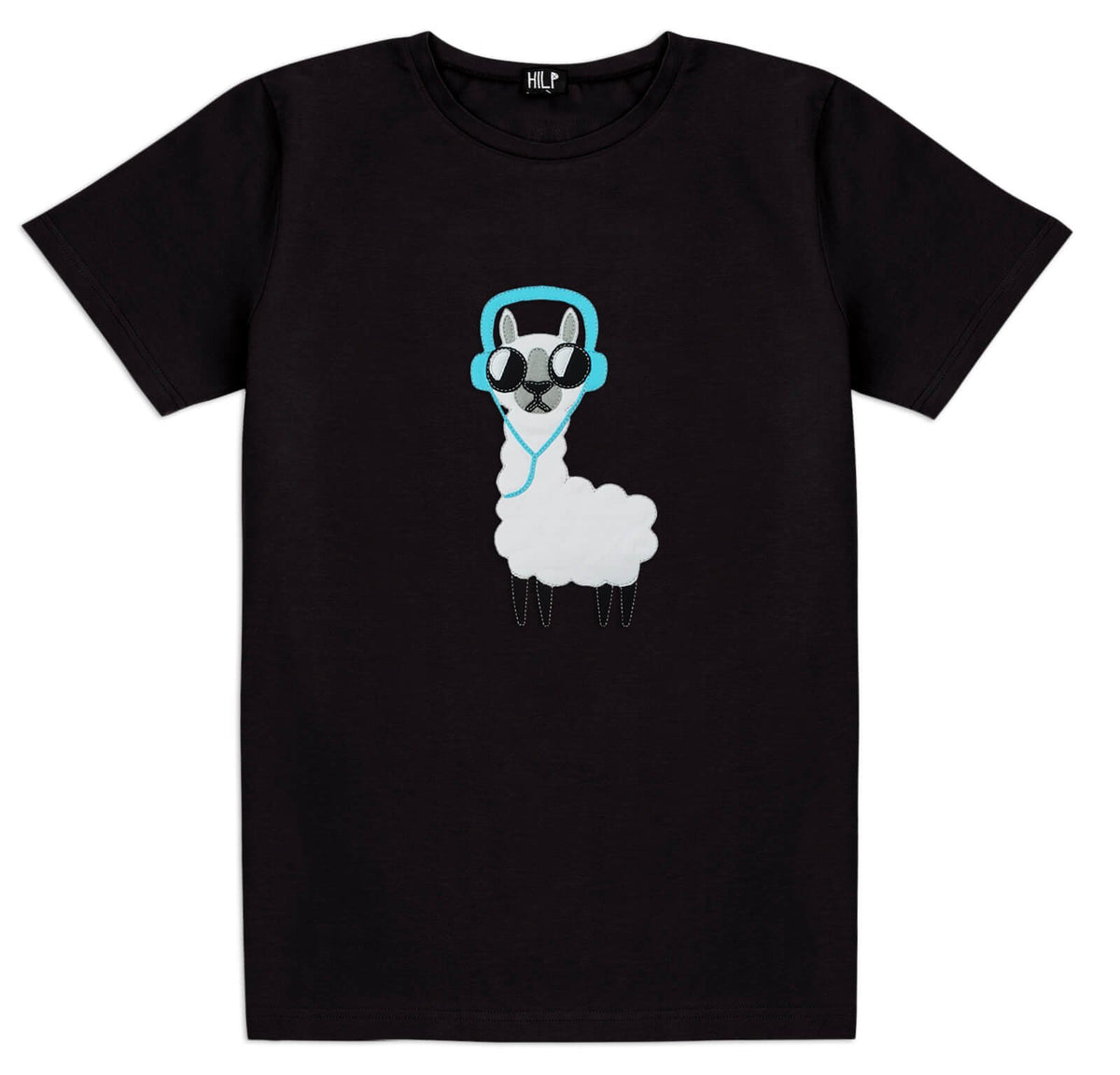 2. Men's No Drama Llama T-shirt in classic black by HILP, showcasing a fun llama design with headphones and sunglasses, crafted from a comfortable cotton-elastane mix
