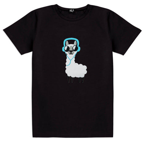 2. Men's No Drama Llama T-shirt in classic black by HILP, showcasing a fun llama design with headphones and sunglasses, crafted from a comfortable cotton-elastane mix