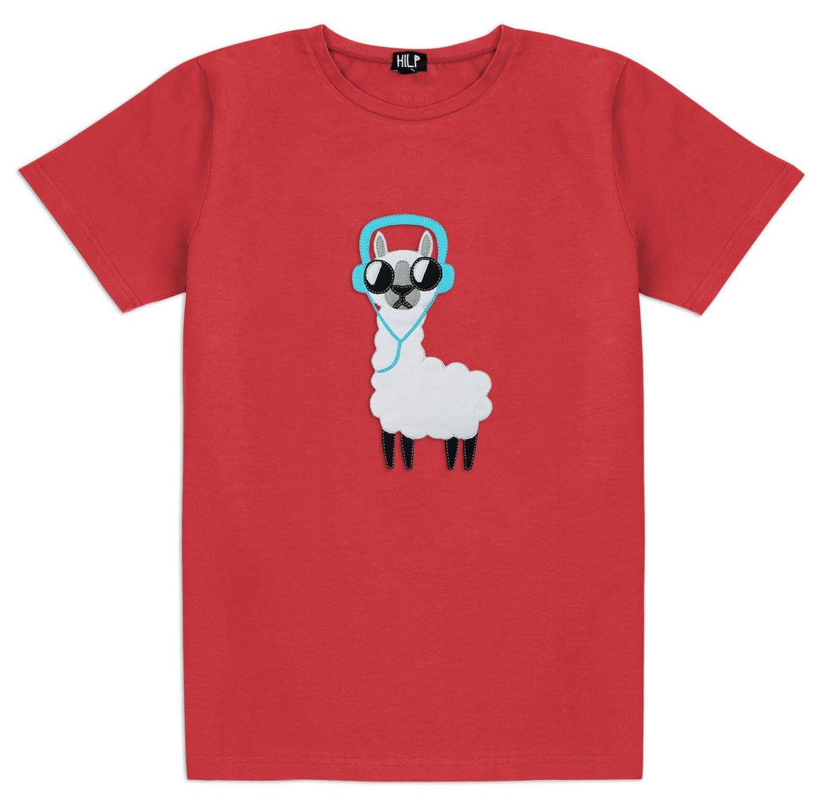 1. Men's No Drama Llama T-shirt in vibrant red by HILP, featuring a playful llama graphic with headphones and sunglasses, made from stretchy cotton-elastane blend