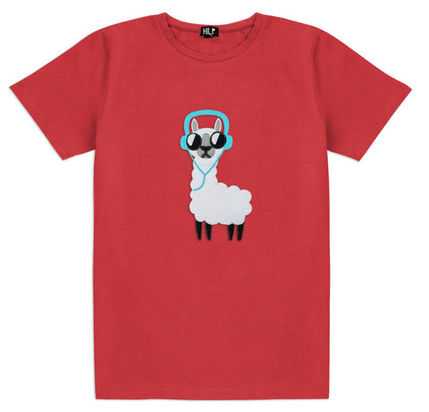 1. Men's No Drama Llama T-shirt in vibrant red by HILP, featuring a playful llama graphic with headphones and sunglasses, made from stretchy cotton-elastane blend