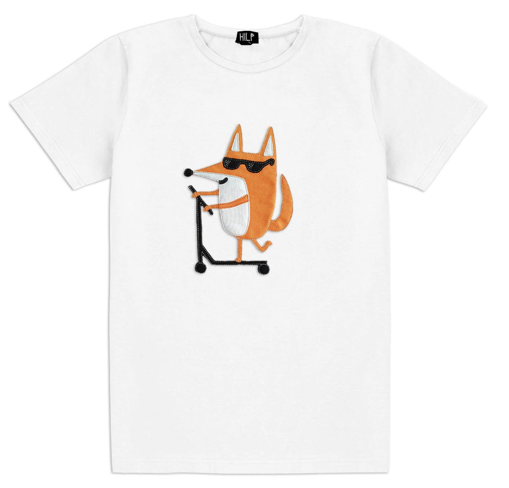 1. Men's white Scootering Fox T-shirt by HILP featuring a playful fox on a scooter, studio setting