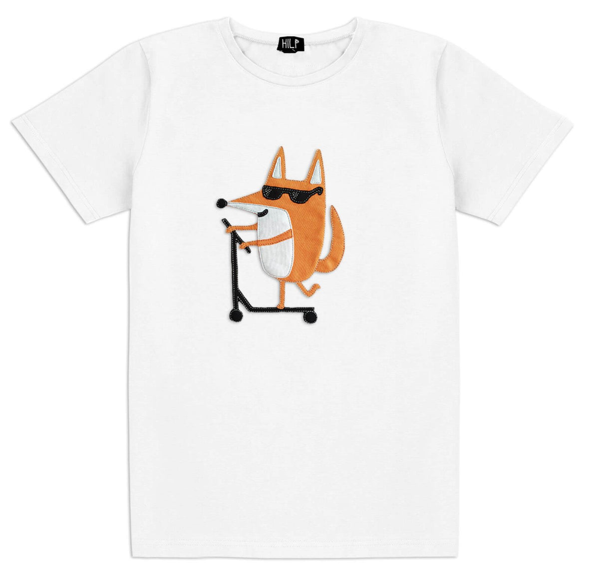 1. Men's white Scootering Fox T-shirt by HILP featuring a playful fox on a scooter, studio setting