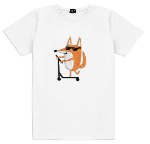1. Men's white Scootering Fox T-shirt by HILP featuring a playful fox on a scooter, studio setting