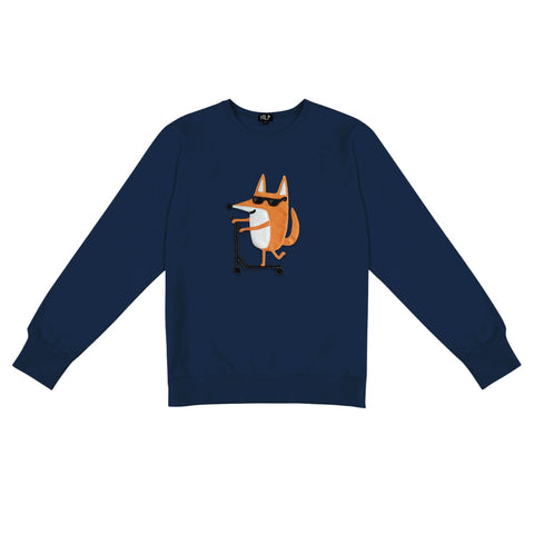 2. Men's Scootering Fox Sweatshirt in navy blue with fox graphic, studio shot