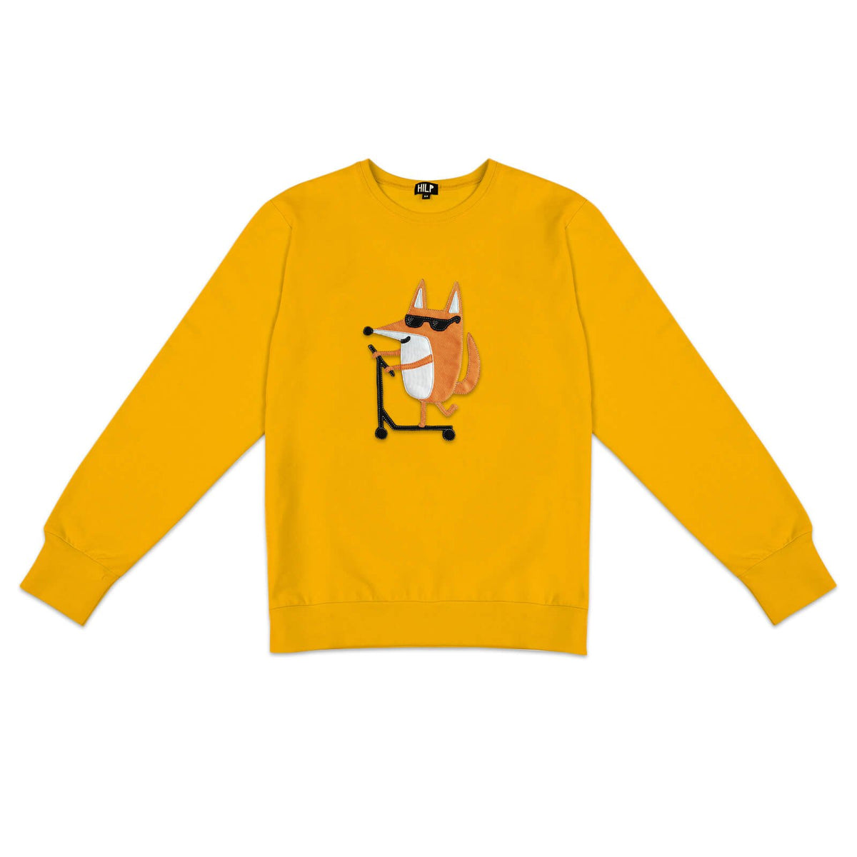 3. Men's Scootering Fox Sweatshirt in yellow with fox graphic, studio shot