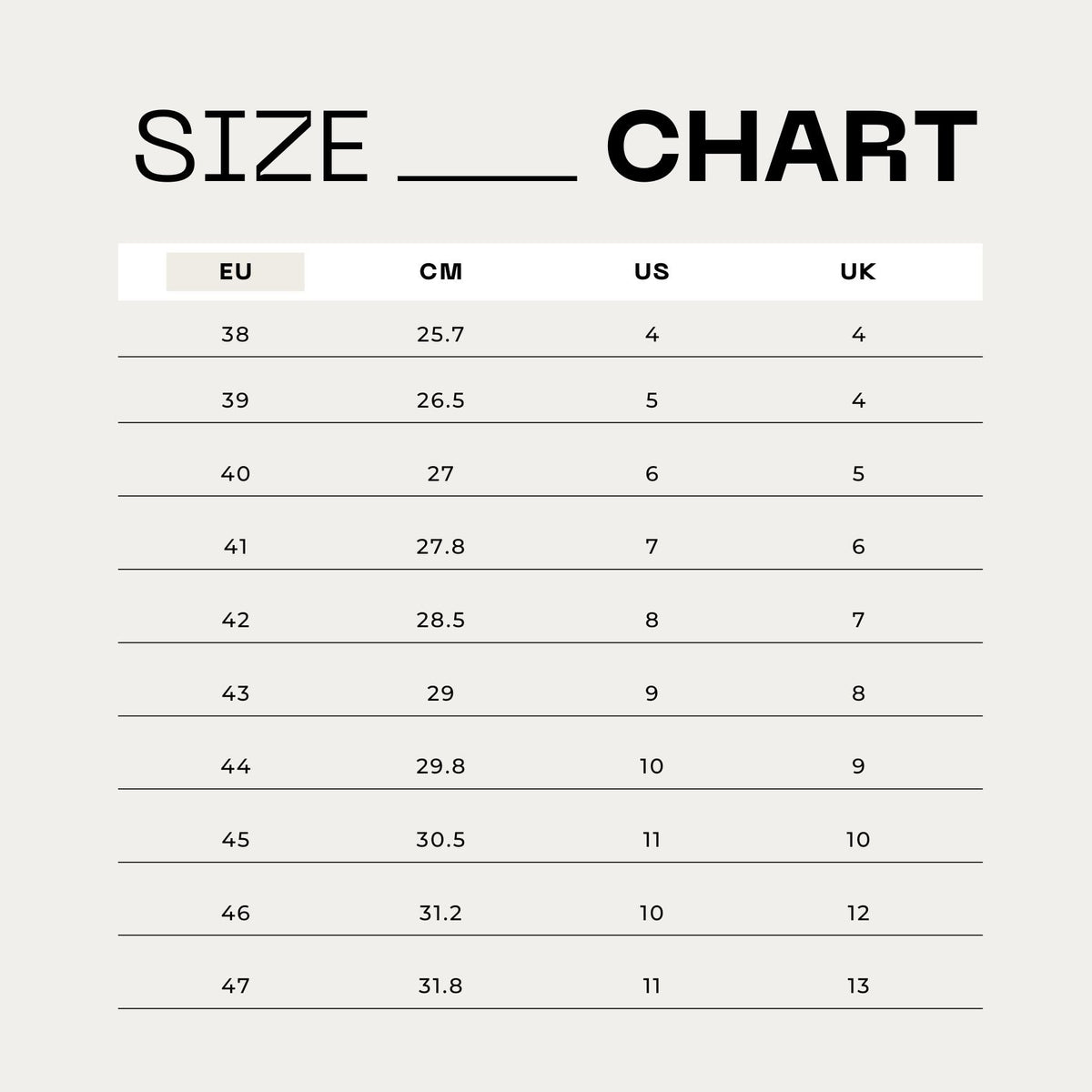 6. Size chart for Daz Studio men's sandals, showing EU, CM, US, and UK sizes from 38 to 47