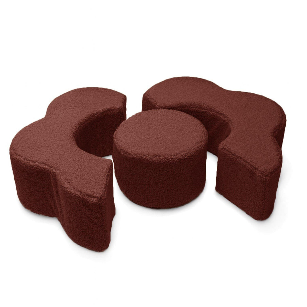 2. Three-piece MeowBaby foam flower shape set in dark brown, showing separated flower and cylindrical modules