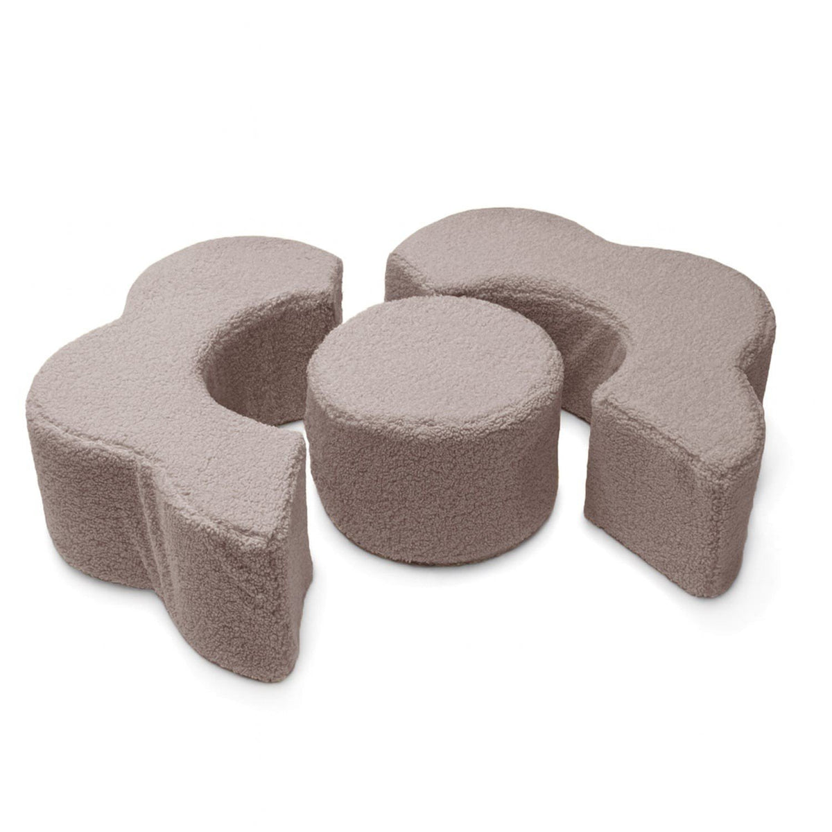 3. MeowBaby foam flower shape set in light grey, featuring a circular module and two curved pieces on a white background