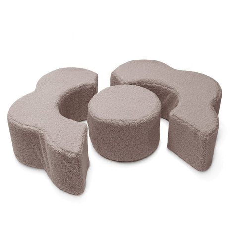 3. MeowBaby foam flower shape set in light grey, featuring a circular module and two curved pieces on a white background