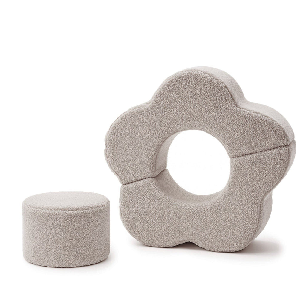 1. MeowBaby foam flower shape set in light grey, featuring a flower-shaped module and a cylindrical piece on a white background