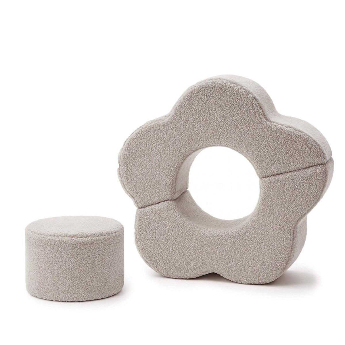 1. MeowBaby foam flower shape set in light grey, featuring a flower-shaped module and a cylindrical piece on a white background