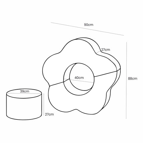 5. Size chart for MeowBaby foam flower shape set showing dimensions of flower and cylindrical pieces in centimeters