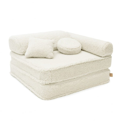 1. MeowBaby modular children's chair in Bearly cream with double mattress, headrest, armrest, and two cushions on a white background