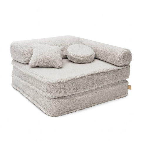 1. MeowBaby modular children's chair in light grey with double mattress, headrest, armrest, and two cushions, shown in a compact arrangement