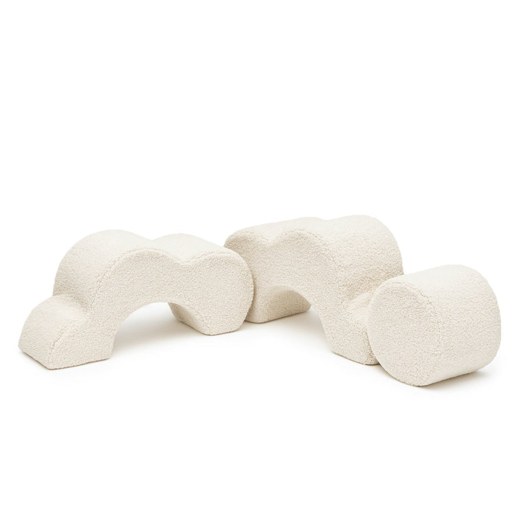 2. MeowBaby modular foam pieces in wavy and cylindrical shapes in bearly cream on white background