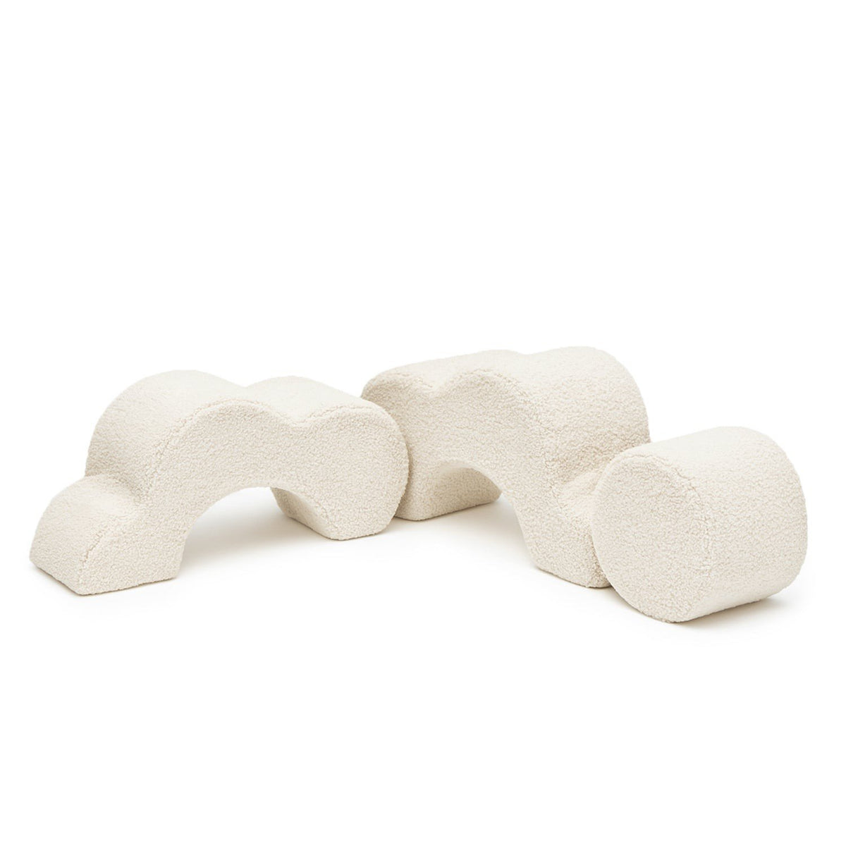 2. MeowBaby modular foam pieces in wavy and cylindrical shapes in bearly cream on white background