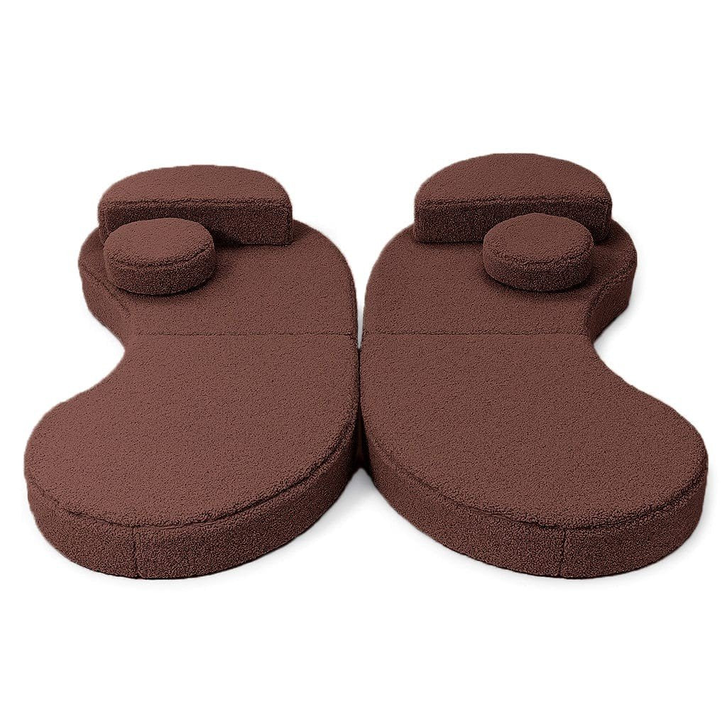 6. Modular kids' sofa in Bearly Brown with two circular cushions, displayed in a mirrored layout