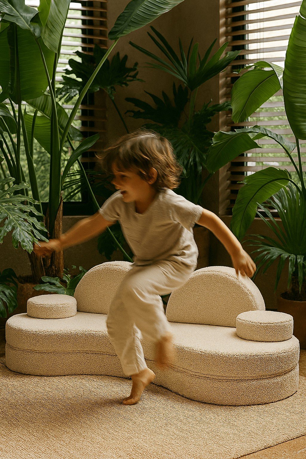 1. Child jumping on modular kids' sofa in Bearly off-white, surrounded by lush green plants in a cozy room