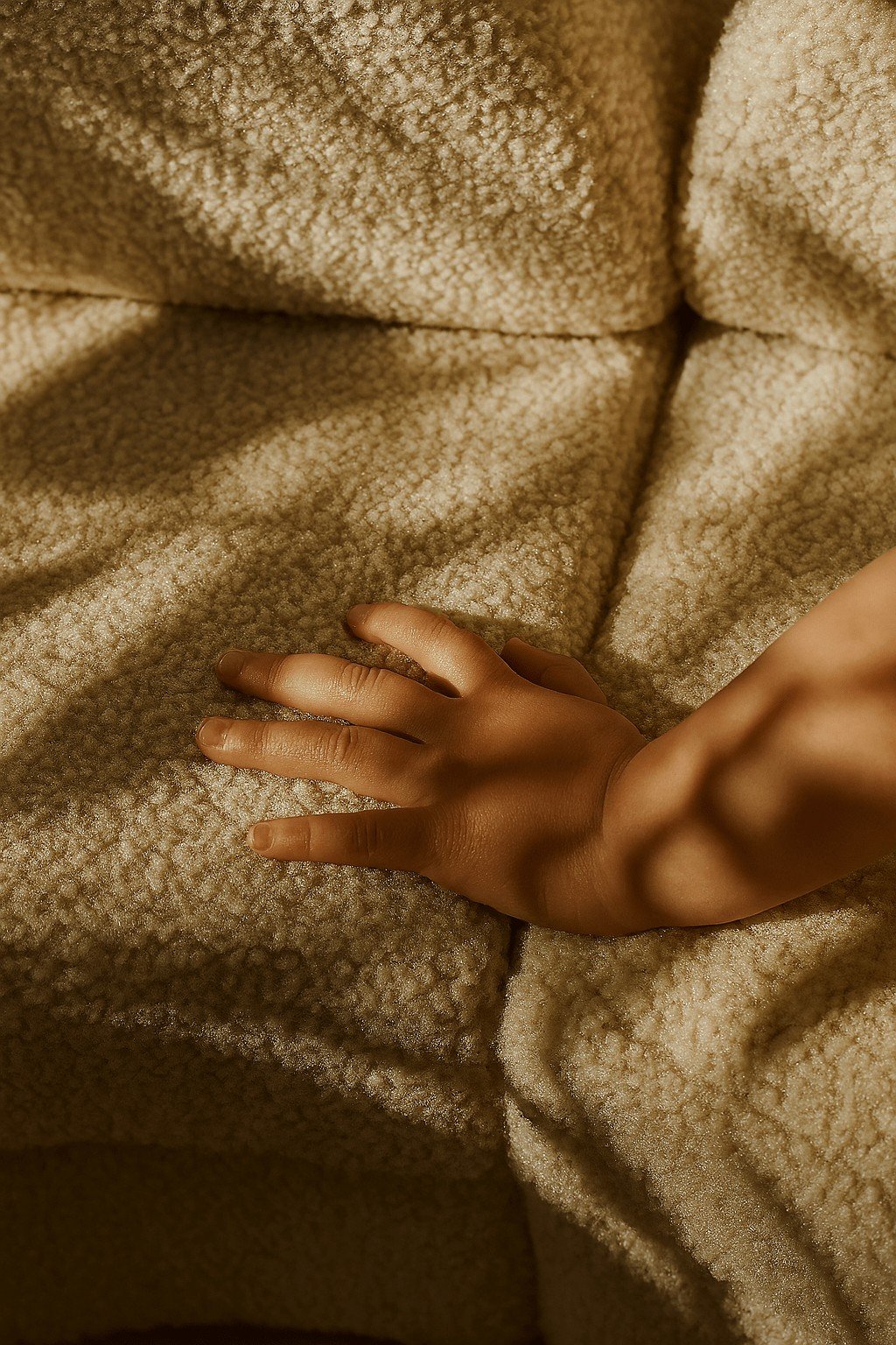 3. Close-up of hand pressing on soft Bearly fabric of MeowBaby modular sofa, highlighting texture and comfort