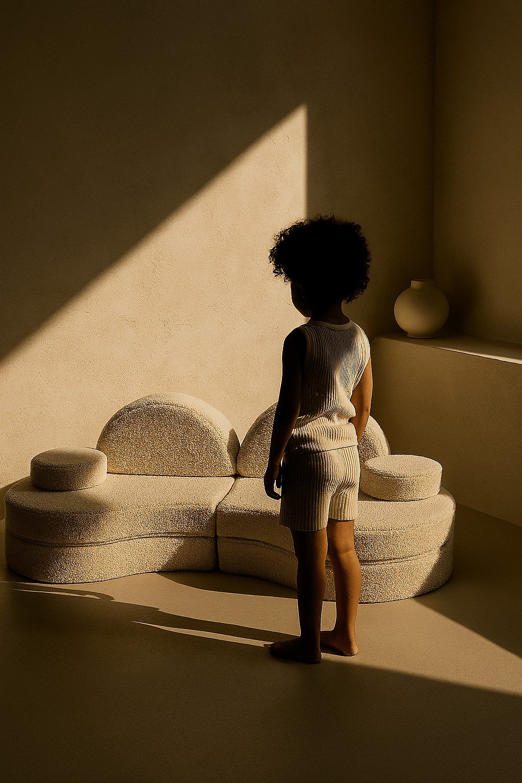 1. Child standing next to modular kids' sofa in Bearly off-white, in a sunlit room with minimalist decor