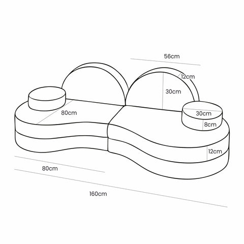 5. Size chart for MeowBaby modular sofa Coccolo for kids, showing dimensions in centimeters