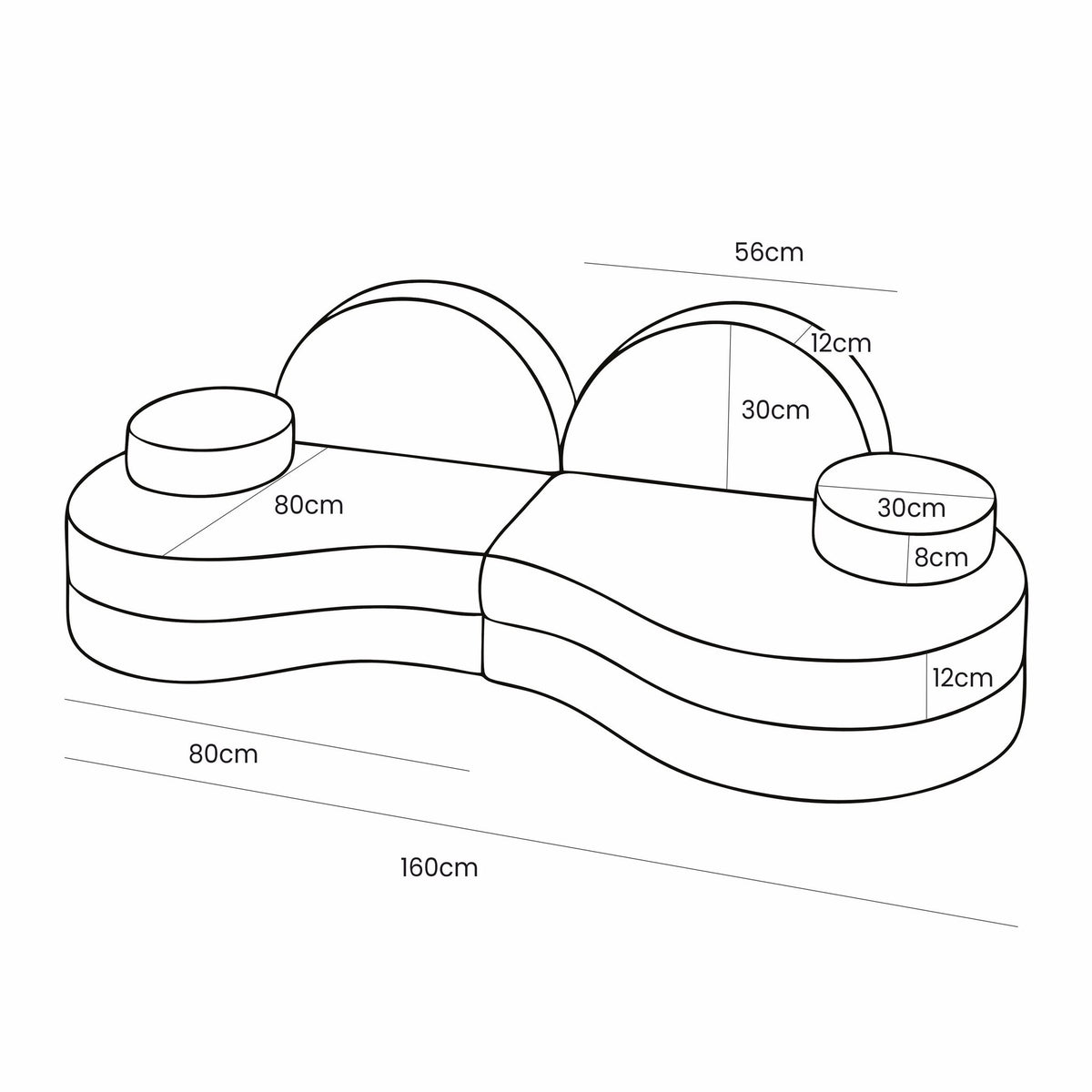 5. Size chart for modular kids' sofa showing dimensions in centimeters