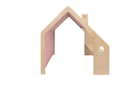 3. Side view of MeowBaby natural wooden house for kids showing pink fabric roof and side window