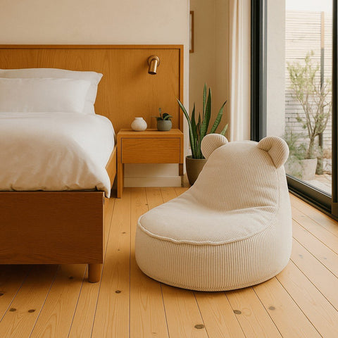 1. Beige MeowBaby Slimcord Teddy Sako Bag in modern bedroom setting with wooden floor and natural light