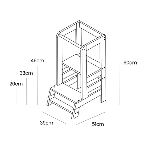 2. Size chart for MeowBaby kitchen helper showing dimensions and adjustable platform heights