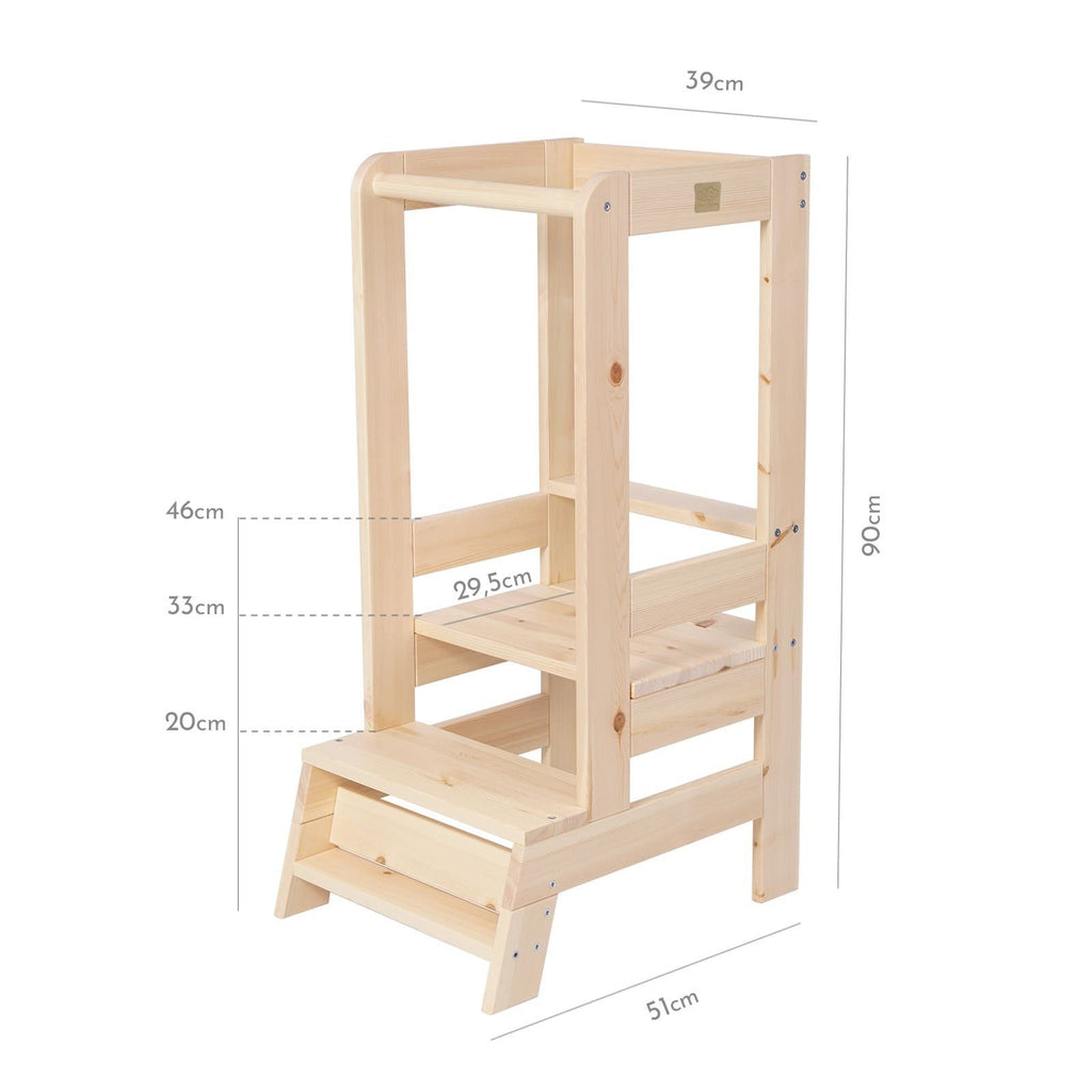 13. Size chart for MeowBaby kitchen helper, showing dimensions and adjustable heights