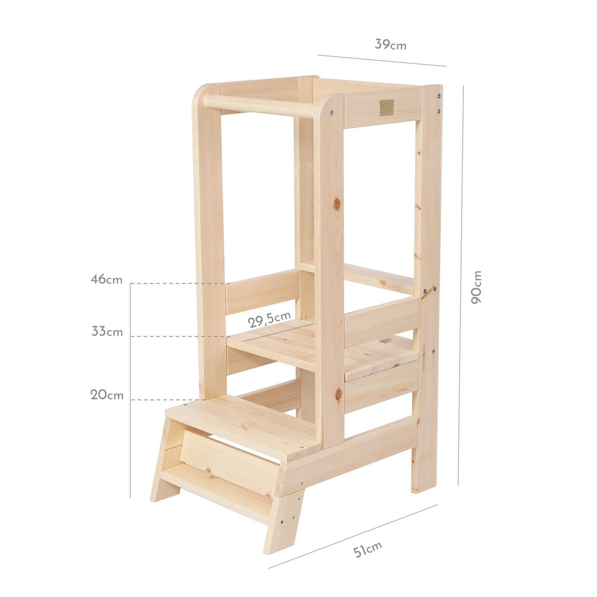 13. Size chart for MeowBaby kitchen helper, showing dimensions and adjustable heights