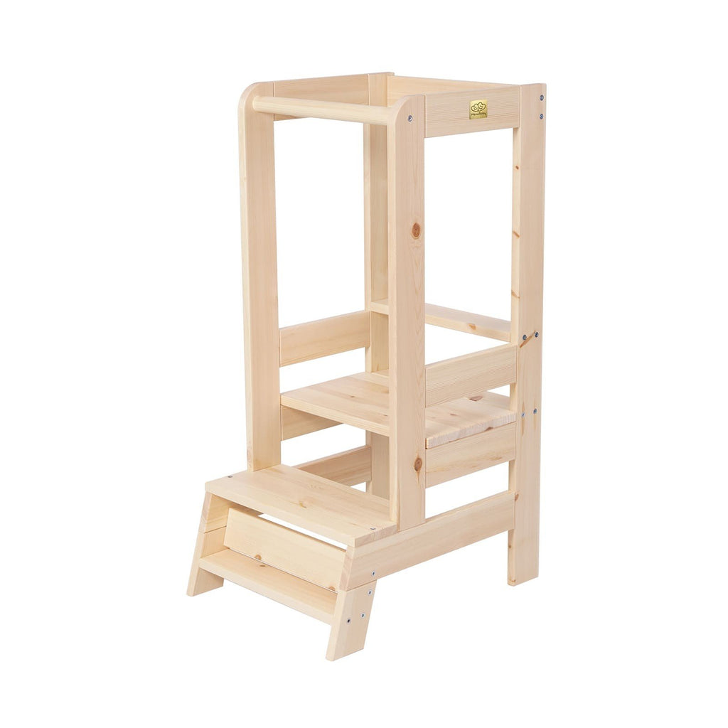 1. Natural pine wood kitchen helper for children with adjustable platform height, shown in studio setting