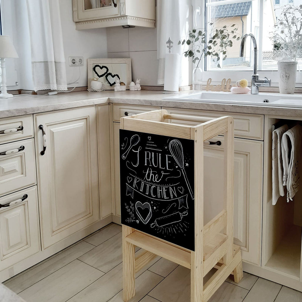 7. Wooden kitchen helper with decorative blackboard in cozy kitchen
