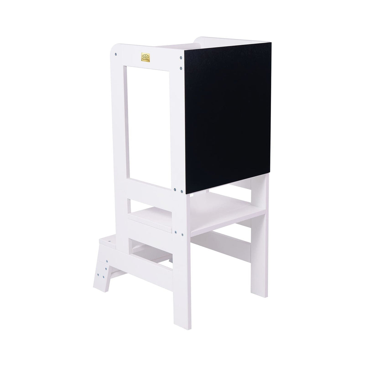 2. Rear view of white MeowBaby wooden kitchen helper with blackboard, highlighting stable construction