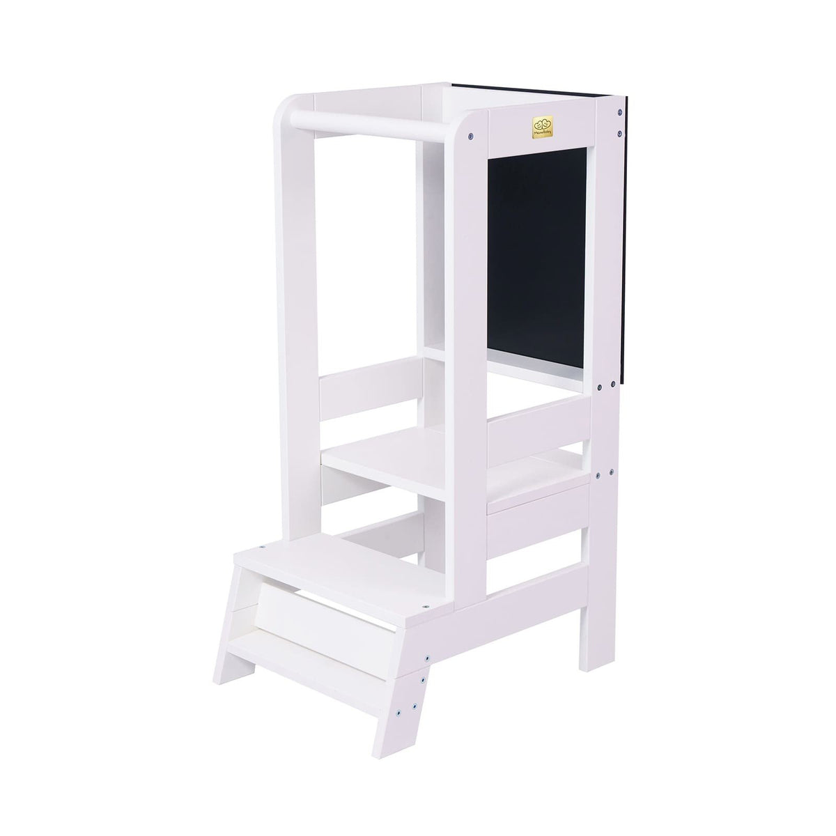 1. White MeowBaby wooden kitchen helper for children with adjustable platform and blackboard, shown in studio setting