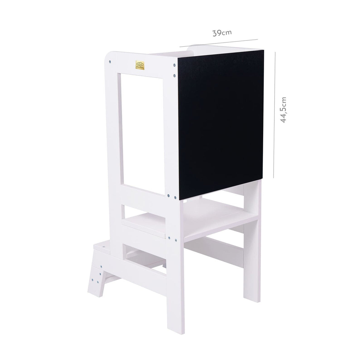 4. Back view of white MeowBaby wooden kitchen helper with blackboard, showing dimensions 39cm by 44.5cm