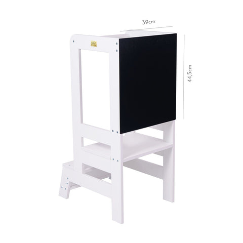 4. Back view of white MeowBaby wooden kitchen helper with blackboard, showing dimensions 39cm by 44.5cm