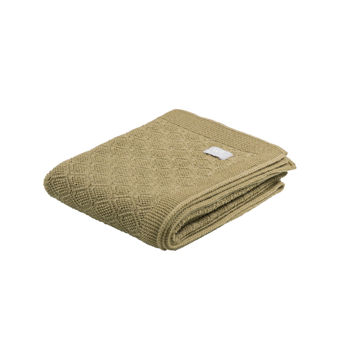 13. Folded brown merino wool baby blanket with brand tag on white background