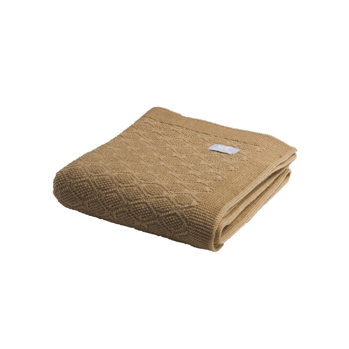 14. Folded beige merino wool baby blanket with brand tag on white background