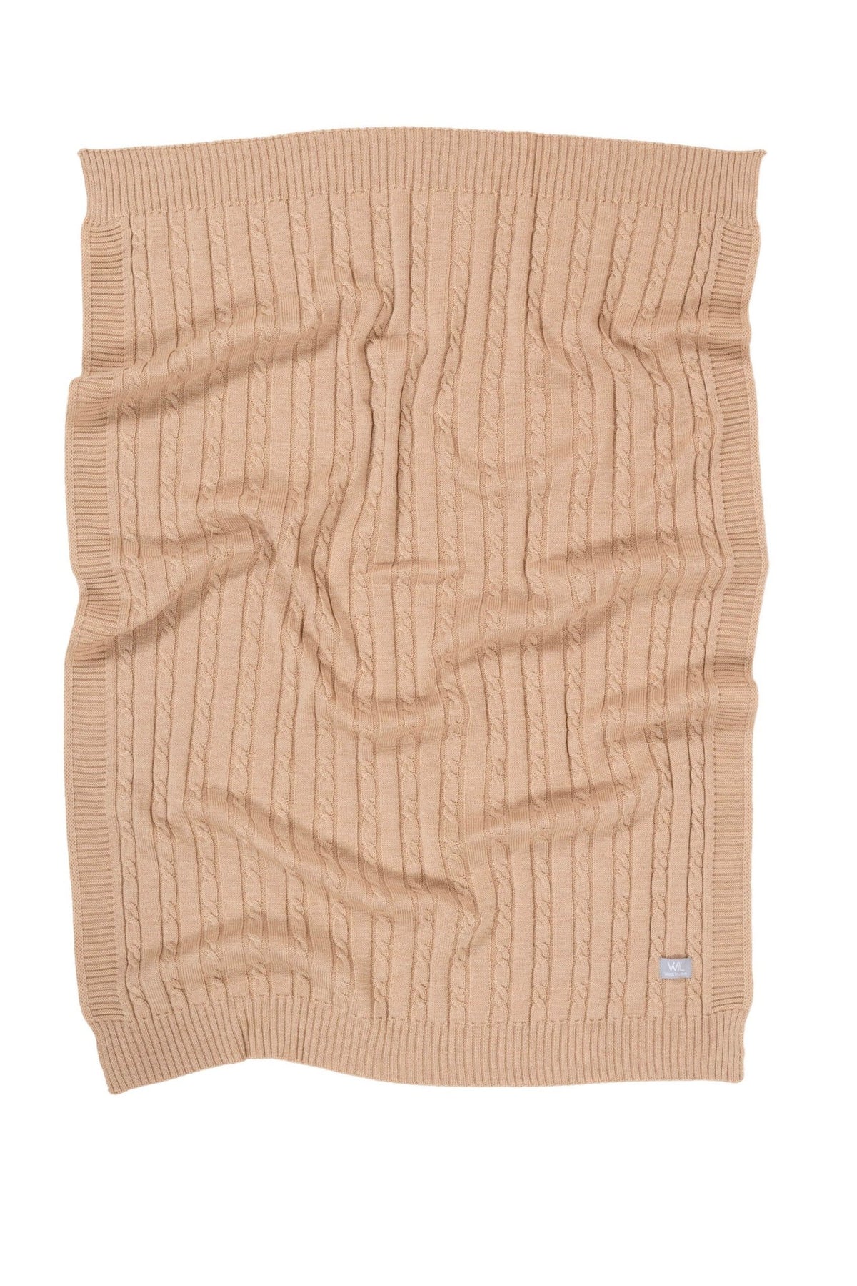 3. Flat lay of beige merino wool baby blanket with cable knit pattern showing full design