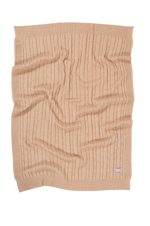 3. Flat lay of beige merino wool baby blanket with cable knit pattern showing full design