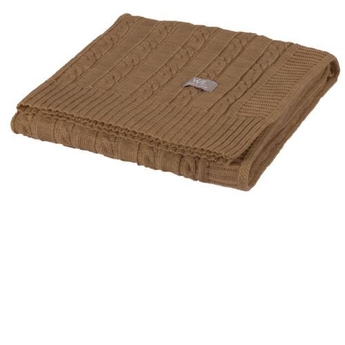 4. Folded brown merino wool baby blanket with cable knit pattern and Wool In Love logo on white background