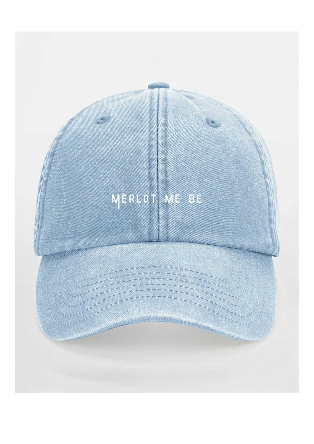 3. Blue Merlot Me Be cap by Black Giraffe Brand with white text on front, studio background