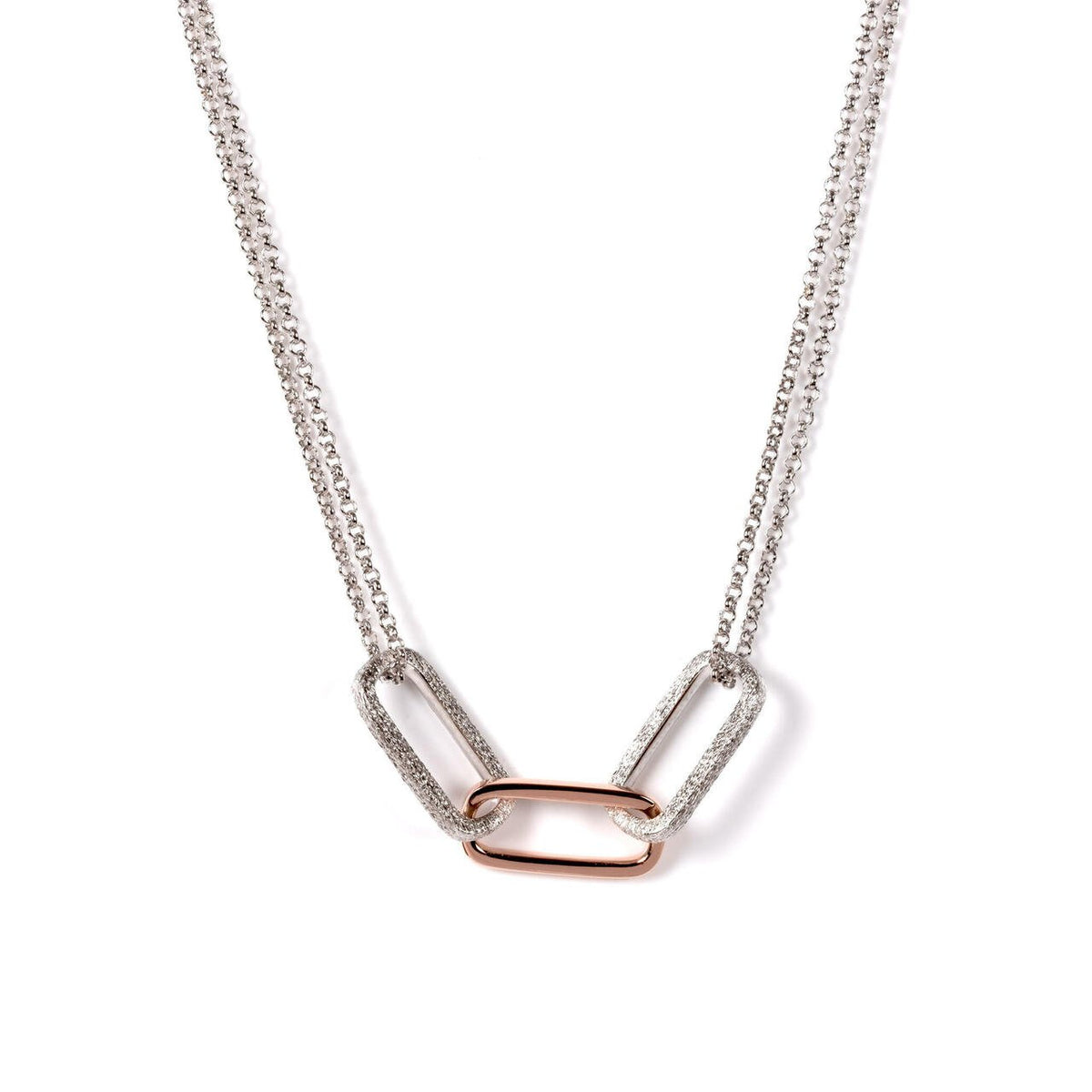 2. Studio image of MyaMoon Metropolitan necklace, featuring rhodium-plated 925 silver with dual chain and geometric links