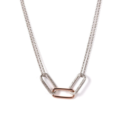 2. Studio image of MyaMoon Metropolitan necklace, featuring rhodium-plated 925 silver with dual chain and geometric links