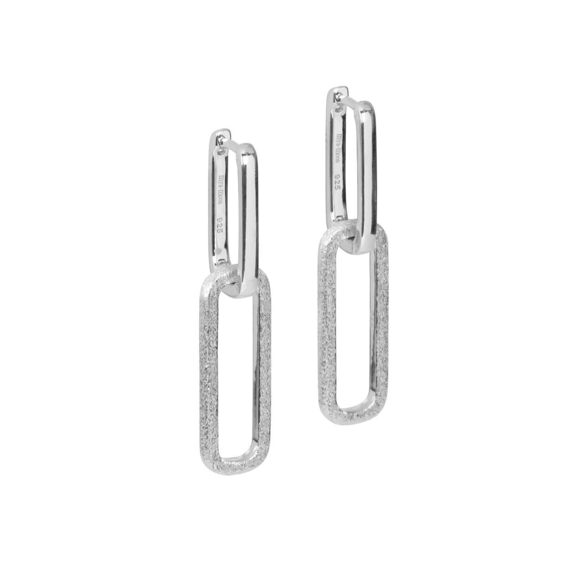 2. Women's Metropolitan Rebel Earrings in silver rhodium finish with brushed texture, designed by MyaMoon, shown in studio