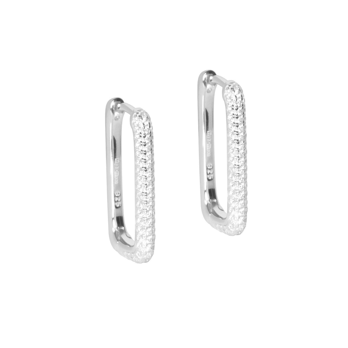 3. Silver-toned rhodium plated hoop earrings with textured surface and zircons on white background