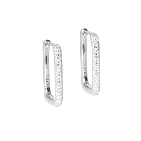 3. Silver-toned rhodium plated hoop earrings with textured surface and zircons on white background