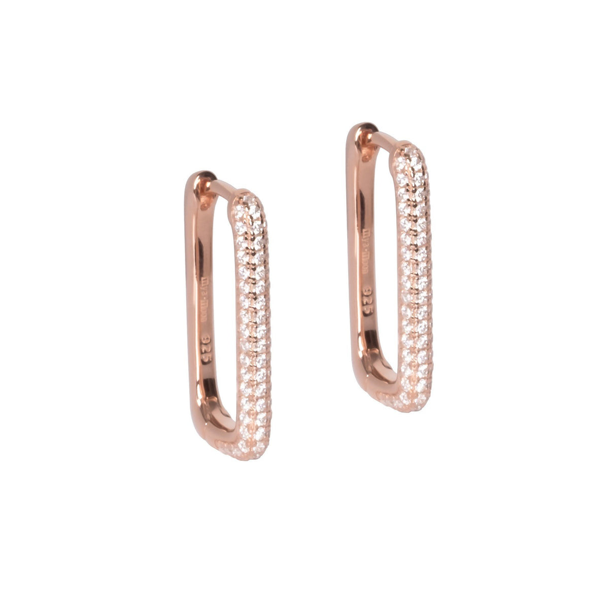 2. Rose gold plated hoop earrings with textured surface and zircons on white background